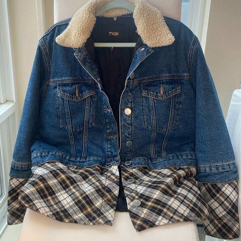 MAJE DENIM FLANNEL JACKET W/ SHERPA COLLAR Size 38 (oversized can be a S/M)